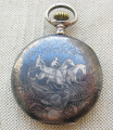 Карманные часы, Скачки, CHABLONEN WATCH, серебро 800 проба, чернь, позолота, механизм уровня Прима. 98.1 грамма, 52мм. Начало 20 века.
