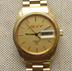 Наручные часы, LONGINES, ЛОНЖИН, Швейцария, золото 750 проба, 107.4 грамма, 1992г.,  сигнатура на циферблате КИМ ИР СЕН ( подарок от Ким Ир Сена), механика, автоподзавод.