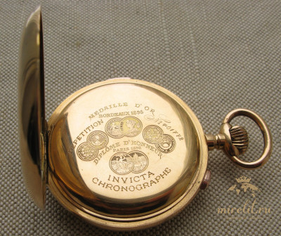 Часы карманные репетир хронограф золото 750 проба Инвикта INVICTA Швейцария общий вес 123грамма 58мм, нет пружины верхней крышки, стекла. Идут, останавливаются, репетир не работает.