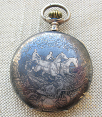 Карманные часы, Скачки, CHABLONEN WATCH, серебро 800 проба, чернь, позолота, механизм уровня Прима. 98.1 грамма, 52мм. Начало 20 века.