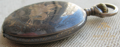 Карманные часы, Скачки, CHABLONEN WATCH, серебро 800 проба, чернь, позолота, механизм уровня Прима. 98.1 грамма, 52мм. Начало 20 века.